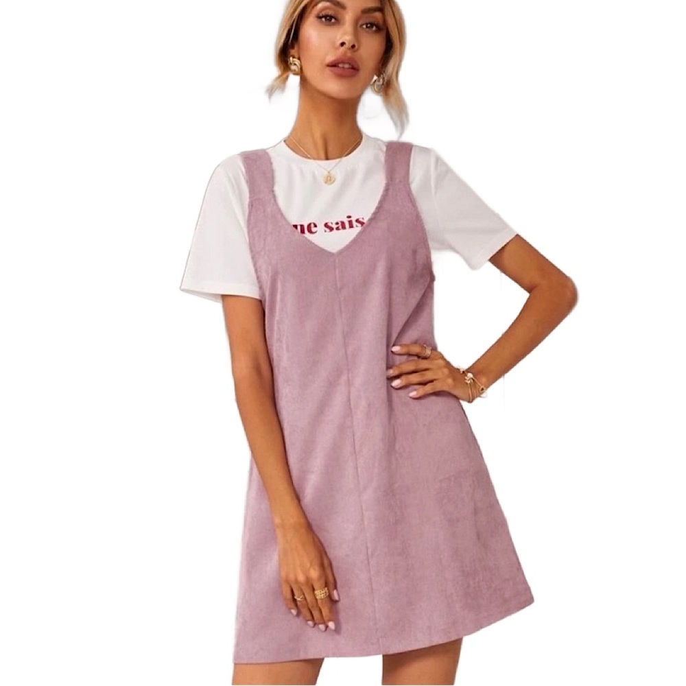 SHEIN Pink Suede-Look Mini Pinafore Dress
